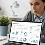 A person looking at a digital budgeting spreadsheet on a laptop, symbolizing financial control and planning.