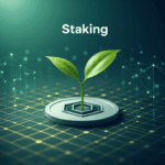 A visual metaphor for crypto staking, showing a plant growing from a digital coin, representing passive income and growth.
