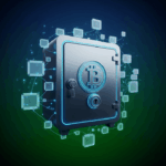 A futuristic safe with a cryptocurrency symbol, symbolizing the security of digital assets.