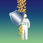 A visual metaphor for disability insurance, showing a person with an injury being protected by a shield, symbolizing income protection.