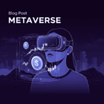 A graphic illustration of a person wearing a VR headset and viewing a futuristic, digital world with financial elements.
