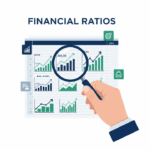 A hand with a magnifying glass analyzing financial charts, symbolizing the use of financial ratios for company analysis.