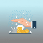 A hand protecting a savings jar from a storm, symbolizing the role of an emergency fund in financial security.