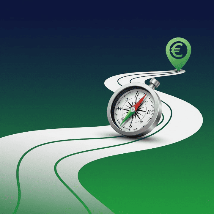 A graphic illustration of an investing plan as a roadmap with a compass, symbolizing a clear path to financial goals.