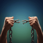 A visual metaphor of a person breaking a chain, symbolizing the act of paying off debt and achieving financial freedom.