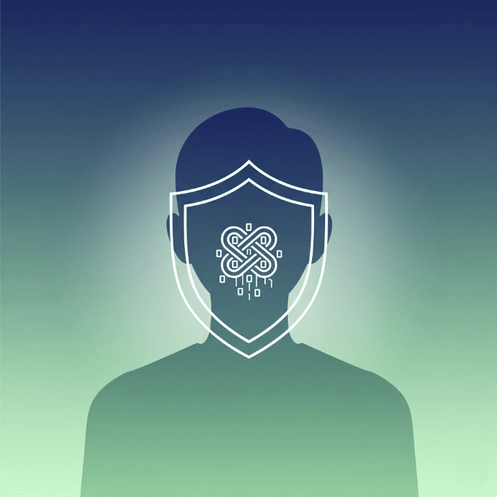 A graphic illustration of a person's silhouette protected by a digital shield, symbolizing identity theft insurance.