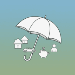 A visual metaphor for insurance, showing a protective shield covering icons representing a house, car, money, and a person.