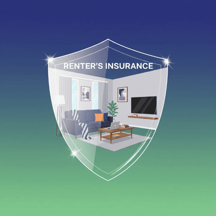 A visual metaphor for renters insurance, showing an apartment interior being protected by a shield, symbolizing security and financial protection.