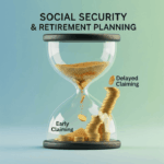 A visual metaphor of an hourglass showing the financial benefits of delaying Social Security for retirement planning.