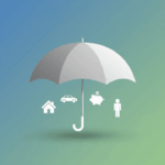 A visual metaphor for insurance, showing a protective shield covering icons representing a house, car, money, and a person.