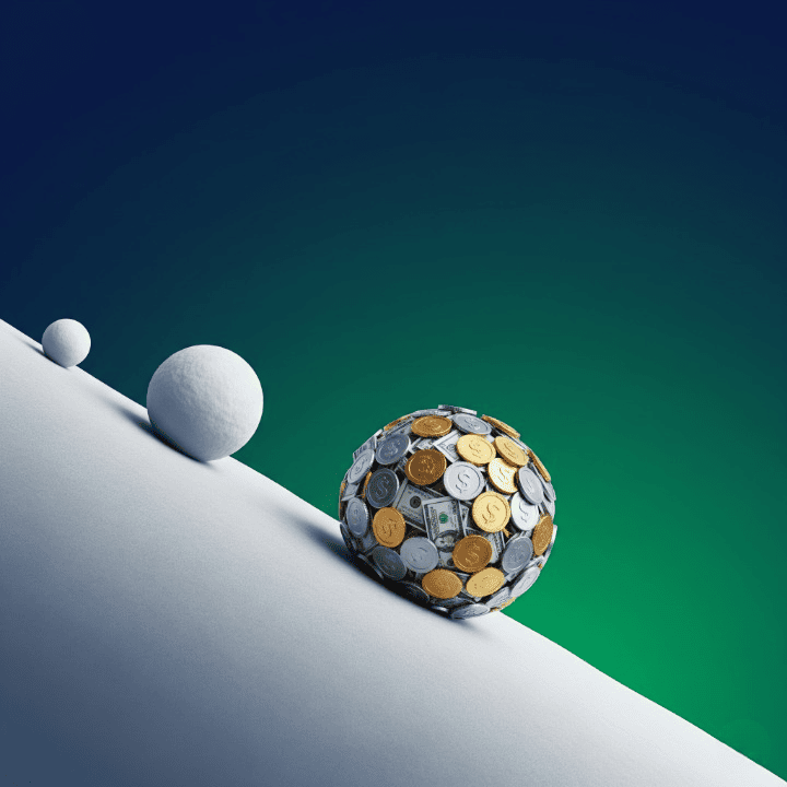 A graphic illustration of a snowball growing into a large ball of money, symbolizing the power of compounding.