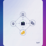 An abstract illustration of a decentralized financial network with no central authority, symbolizing the concept of DeFi.