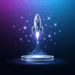 A graphic illustration of a rocket or coin launching from a platform into a blockchain network, symbolizing an Initial Coin Offering.