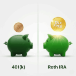 A split image comparing a 401(k) with a tax symbol on contributions, and a Roth IRA with a tax-free symbol on withdrawals, representing different retirement savings plans.
