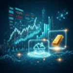 An illustration representing the convergence of traditional finance with decentralized finance (DeFi) and real-world asset (RWA) tokenization through blockchain technology.