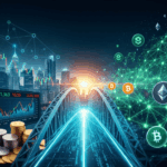 An illustration showing real-world assets like a house, a gold bar, and art transforming into glowing digital tokens connected by blockchain lines, symbolizing the bridge between traditional finance and cryptocurrency markets through RWA tokenization.