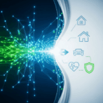 Illustration of AI and Insurtech merging to transform insurance, showing digital data flowing into traditional policy symbols, representing personalization and automation.