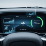Digital car dashboard displaying safe driving metrics with financial charts in the background, symbolizing Usage-Based Insurance benefits.