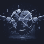 Fragmented globe showing economic consequences of deglobalization in 2025, with broken supply chains, financial market symbols, and cryptocurrency icons.