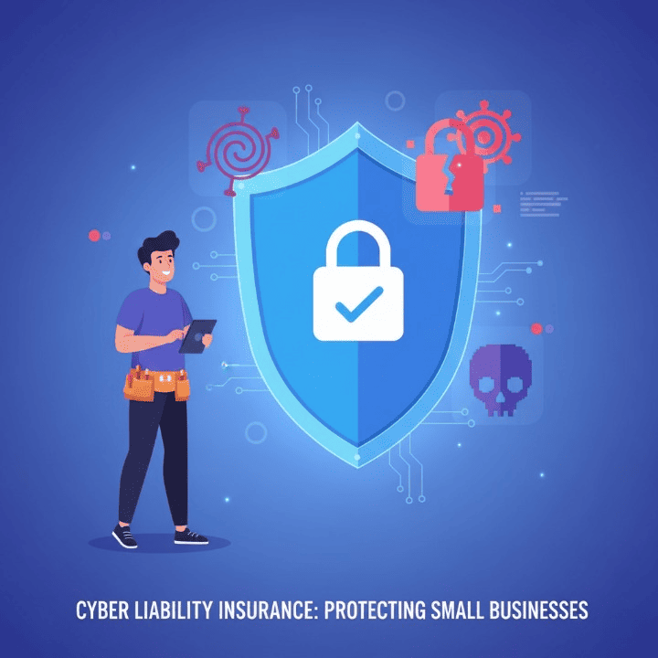 A small business owner looking confidently at a digital shield representing cyber liability insurance, protecting their business from cyber security risks like ransomware and data breaches.