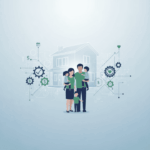 A family protected by a metaphorical shield of financial security, with abstract representations of various life insurance policy types interwoven, signifying comprehensive financial planning and protection.