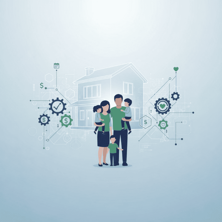 A family protected by a metaphorical shield of financial security, with abstract representations of various life insurance policy types interwoven, signifying comprehensive financial planning and protection.